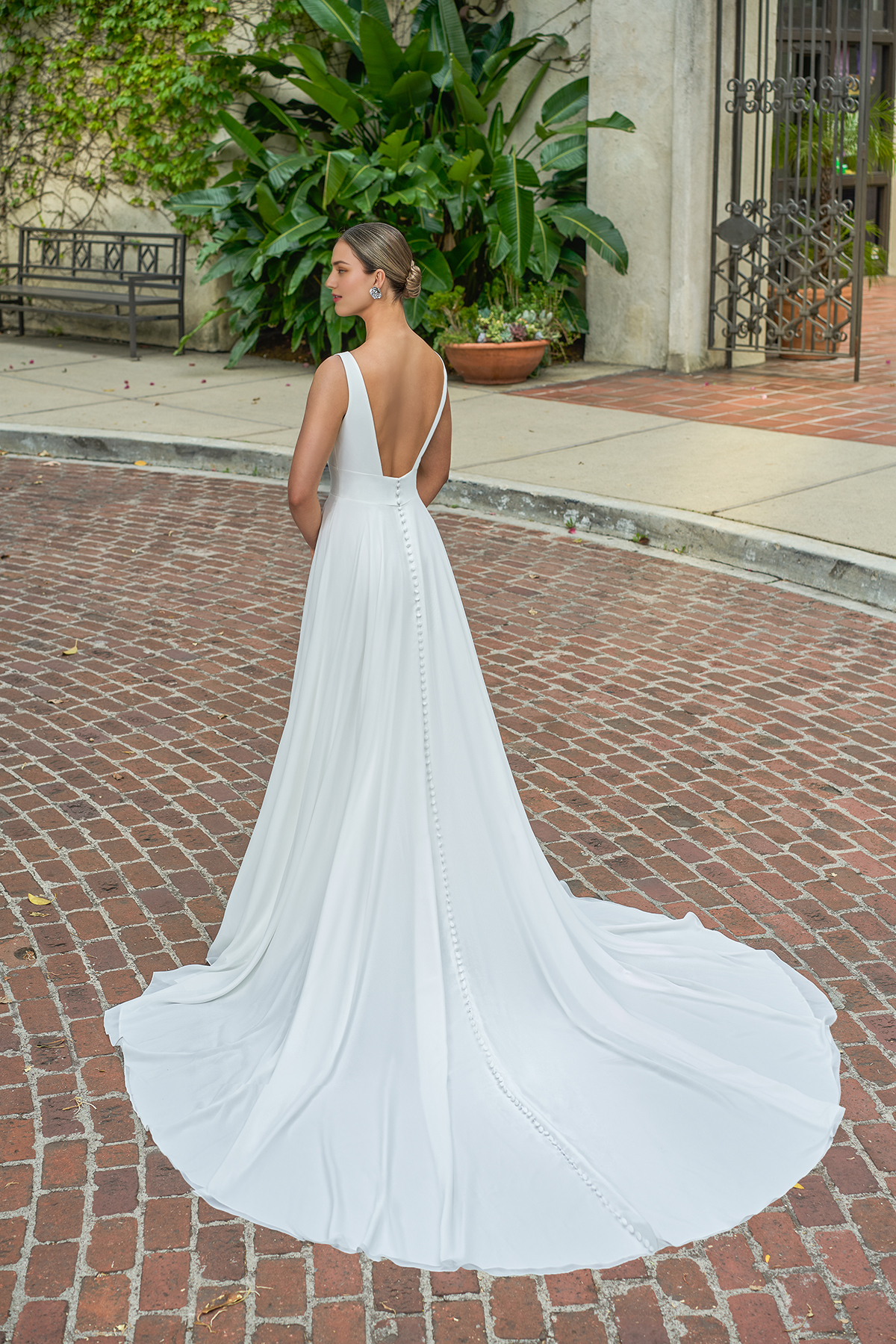 A-line minimalist boat shaped neckline off shoulder sleeveless backless side slit and floor length wedding dress